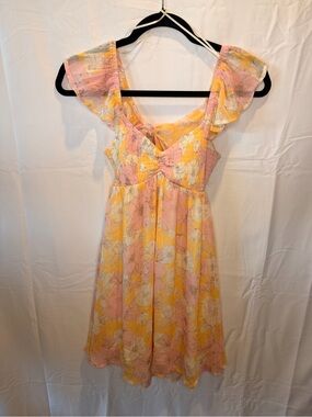 T.J.Maxx Pink & Yellow Floral Sundress with Flutter Sleeves